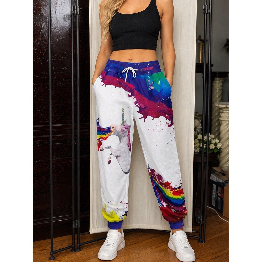 Rainbow Unicorn Paint Splash Jogger Pants XXL Colorful Lounge Pants